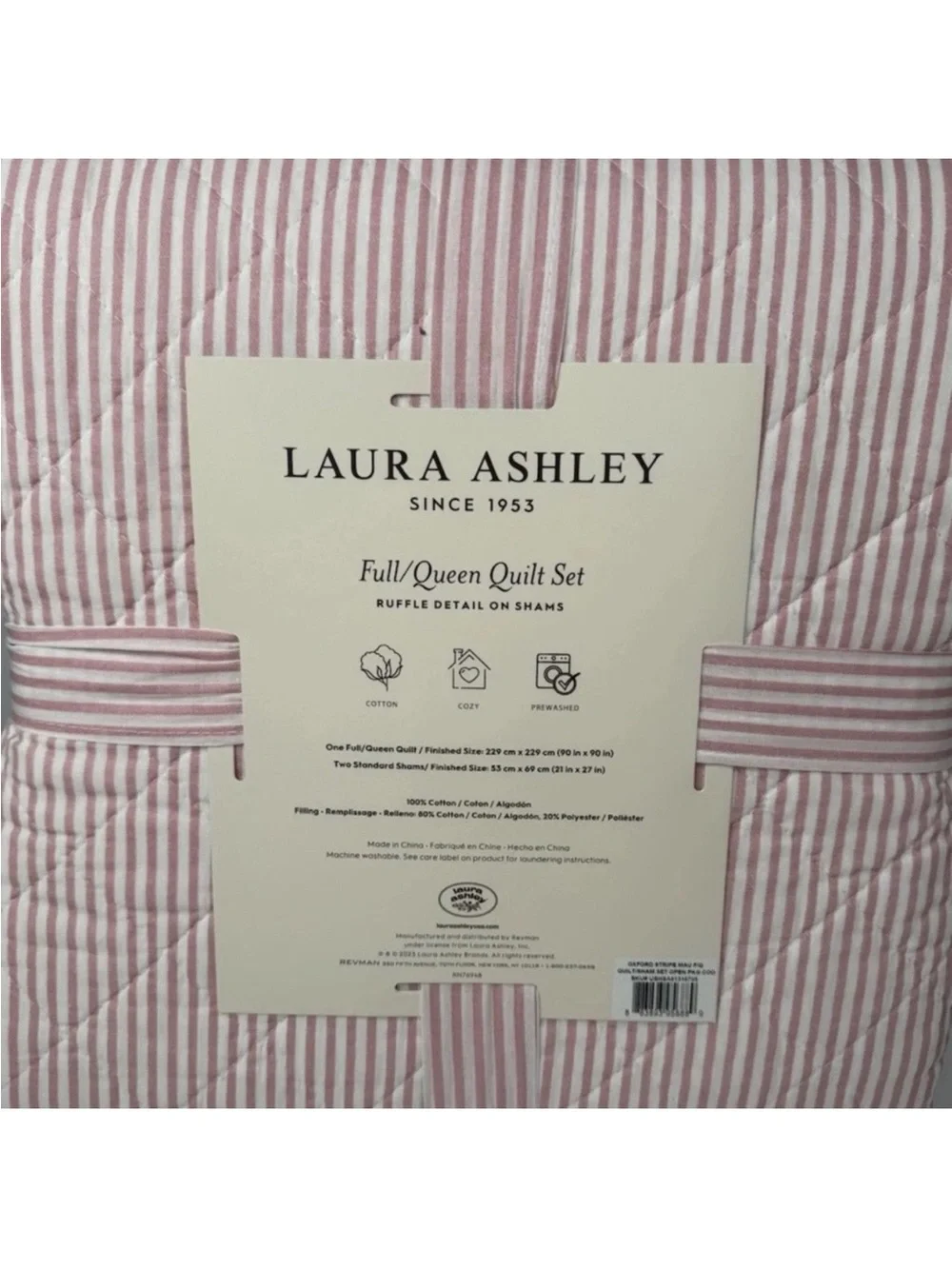 Laura Ashley Full/Queen Pink Oxford Stripe Reversible Cotton Quilt Set NWT